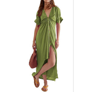 NEW Green Button Down V-Neck Puff Short Sleeve Lined Beach Maxi Dress M